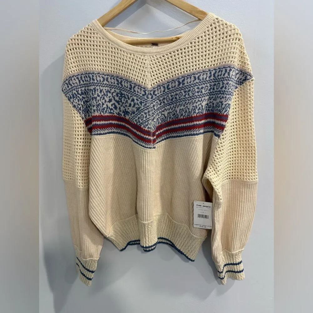 Free People Cream and Blue Knit Sweater